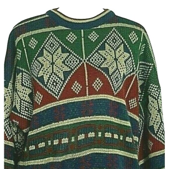 Vintage Nordic Fair Isle Print Pullover Sweater Mens Size L Green Blue Red